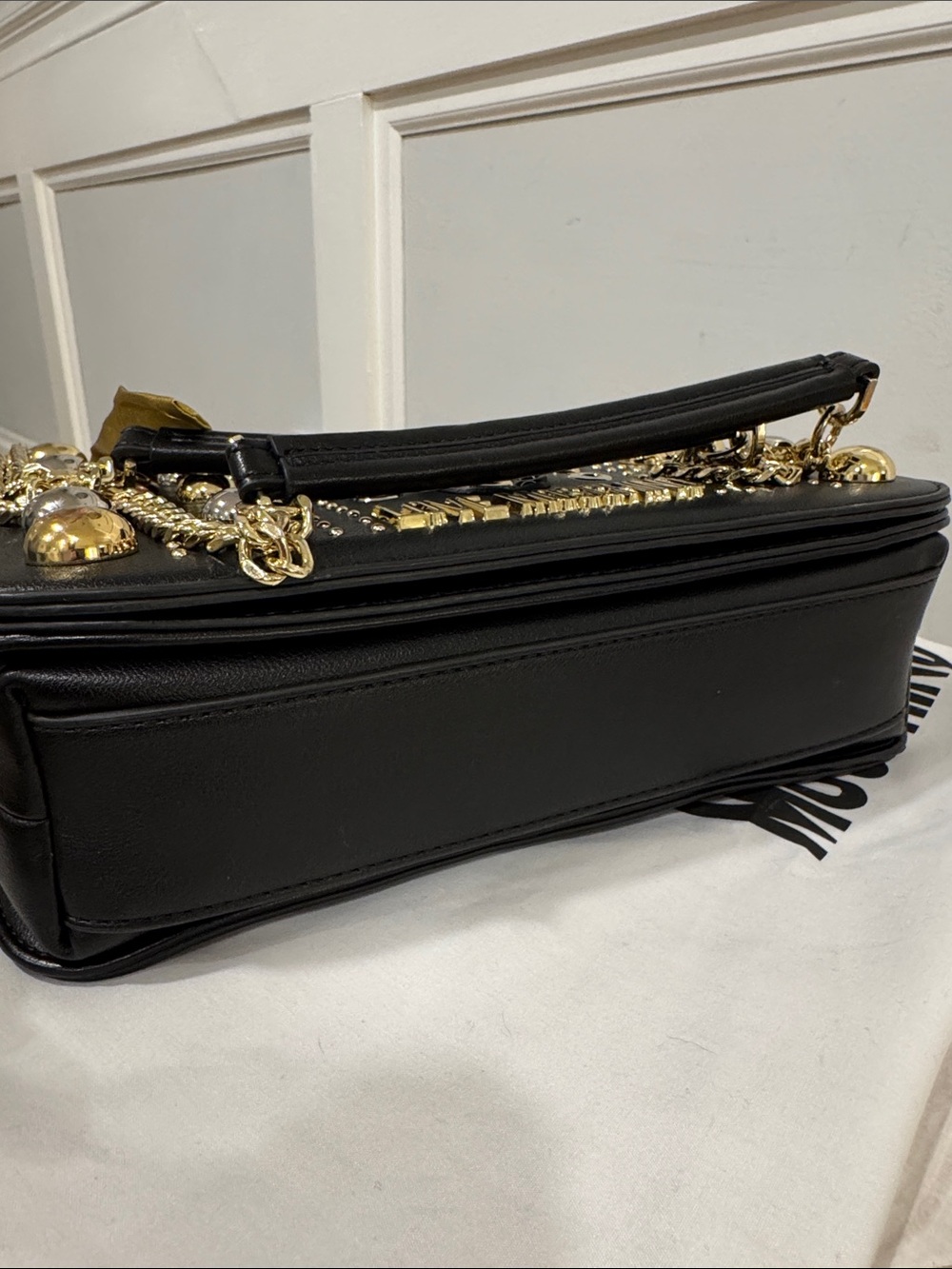 Love Moschino Bag Black Studded Chain Crossbody Shoulder Bag with Gold Accents - Picture 10 of 17